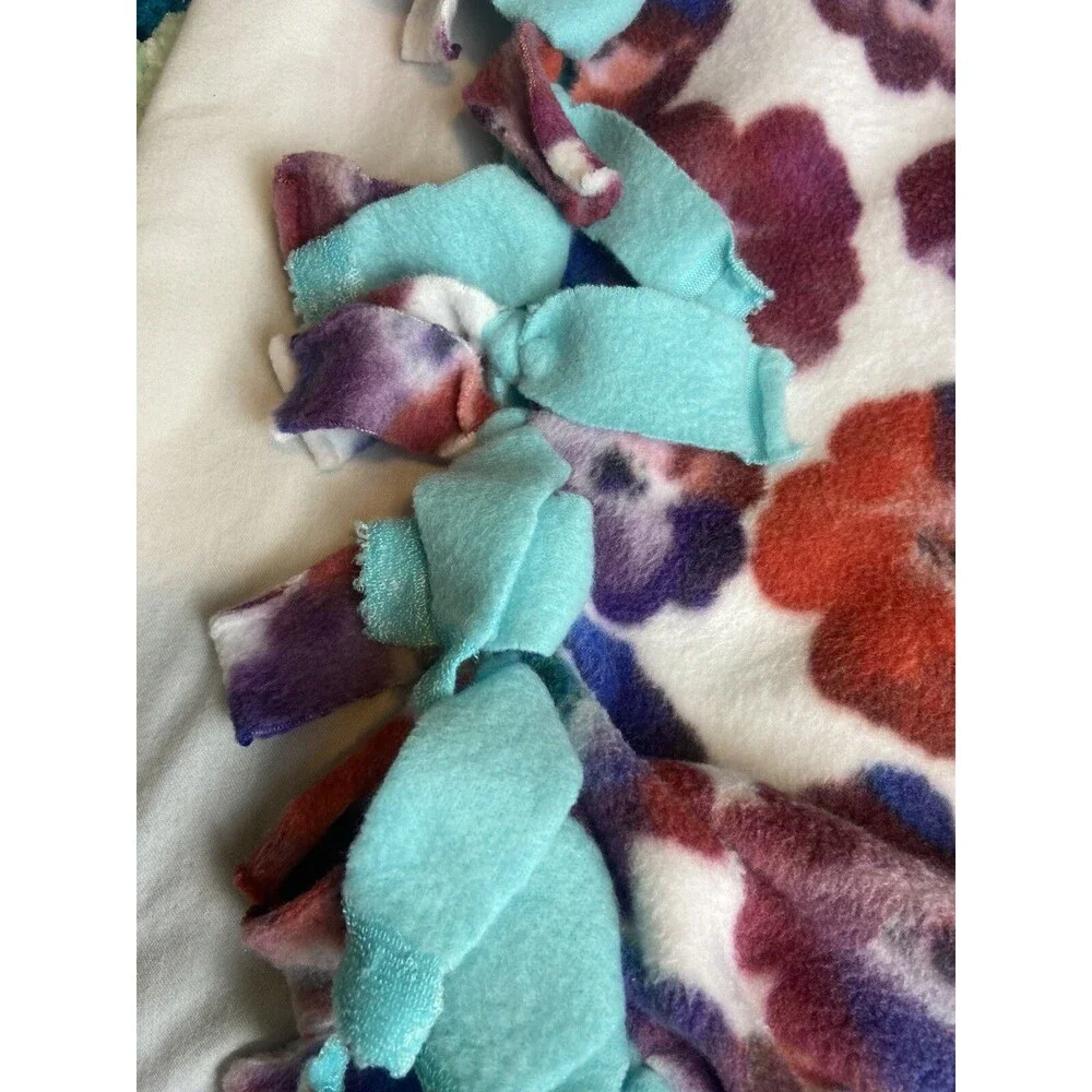 Handmade Tied Blanket Throw  Floral  54”x62” Multicolor Teal Back￼